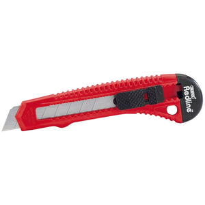 A Draper Redline Retractable Segment Blade Knife, 18mm - RL-RK/2, featuring a red plastic handle and a black lock button.