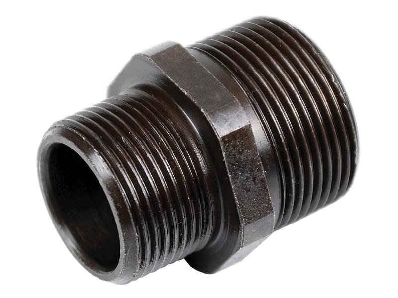 A close-up view of a black metal pipe fitting, resembling a Sparex Hydraulic Connector (Sparex Part Number: S.67770), with threaded ends on both sides and a hexagonal section in the middle.