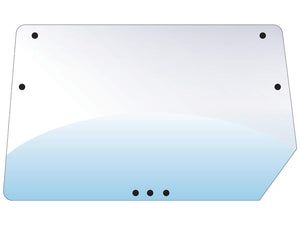 An illustration of the Sparex Rear Window (Sparex Part Number: S.67779), a rectangular glass panel with rounded corners, featuring five black mounting holes along the top edge and three along the bottom, fitted with Glazing Rubber for a secure installation.