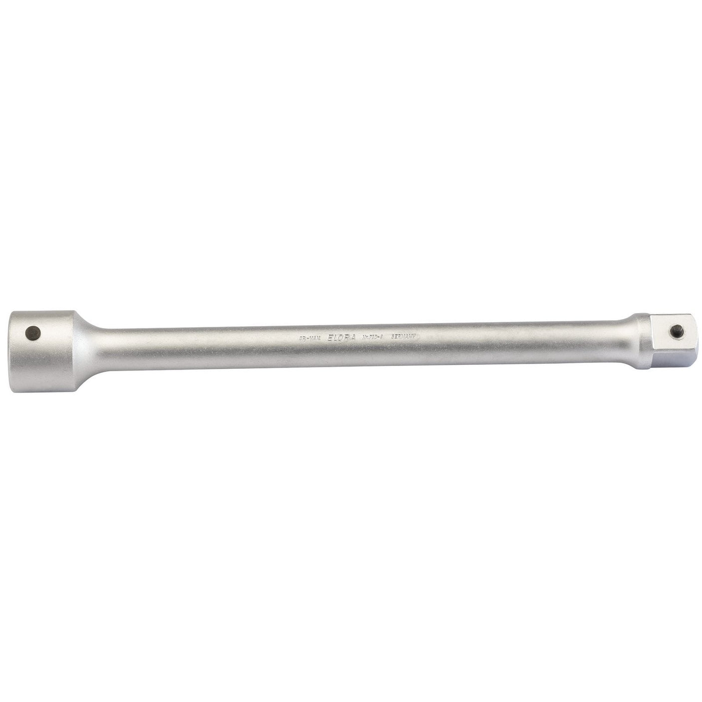 The Draper Elora Extension Bar, 1" Sq. Dr., 400mm - 780-4, a silver metal socket extension bar crafted from chrome vanadium steel with square ends and a slightly cylindrical body, is showcased against a white background. It adheres to DIN 3123 standards for durability and boasts corrosion protection for lasting use.