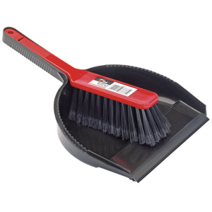 A Draper Redline® Dustpan And Brush Set - RL-DPBS featuring a black, plastic dustpan with an impact-resistant brush that has a red handle and nylon bristles placed on top.