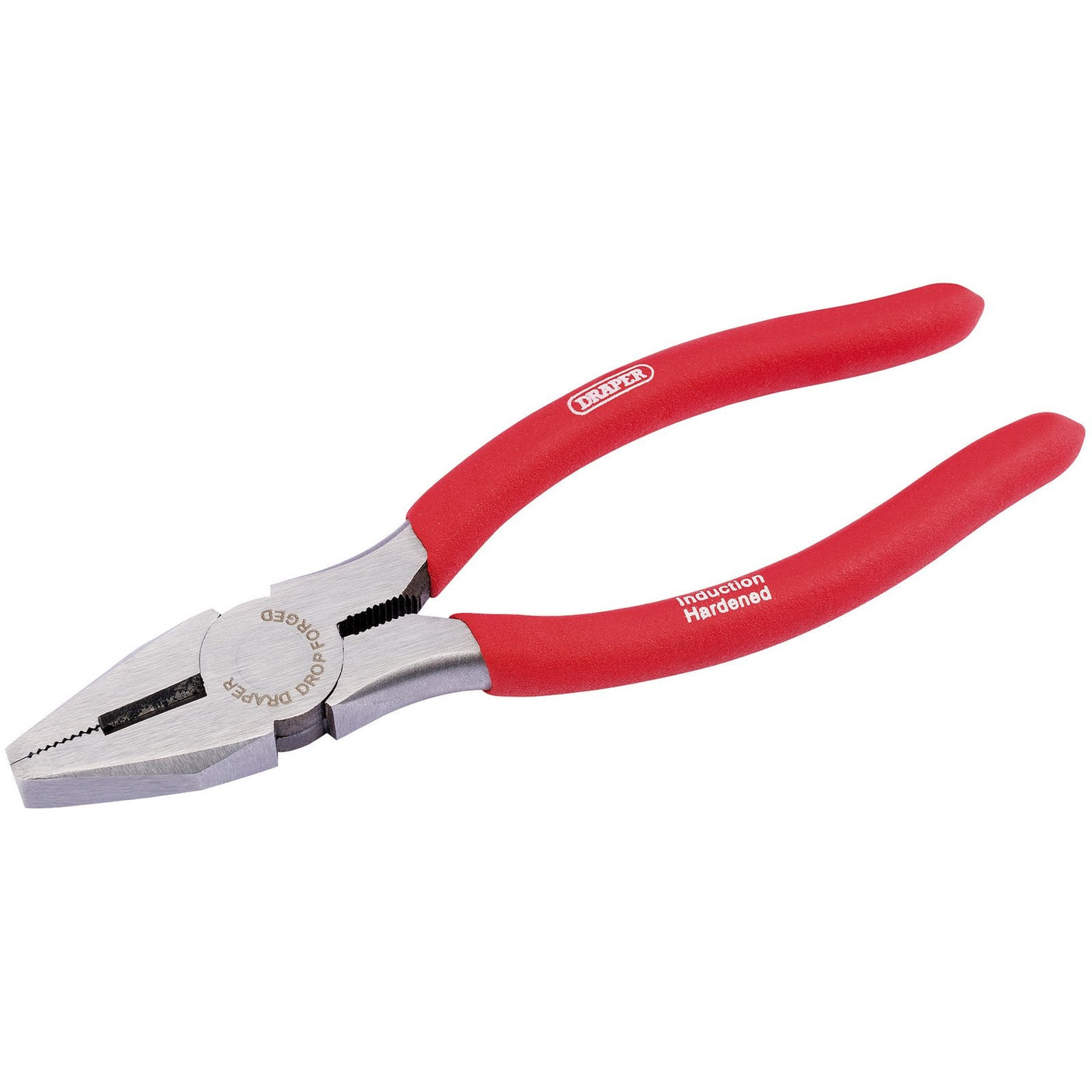 A pair of Draper Redline combination pliers with 160mm PVC dipped handles, featuring hardened cutting edges and marked with the "Draper" brand name.