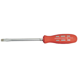 A Draper Plain Slot Flared Tip Mechanic's Screwdriver, 150 X 8mm, featuring a red, impact-resistant handle and sold loose under the "Draper" brand.