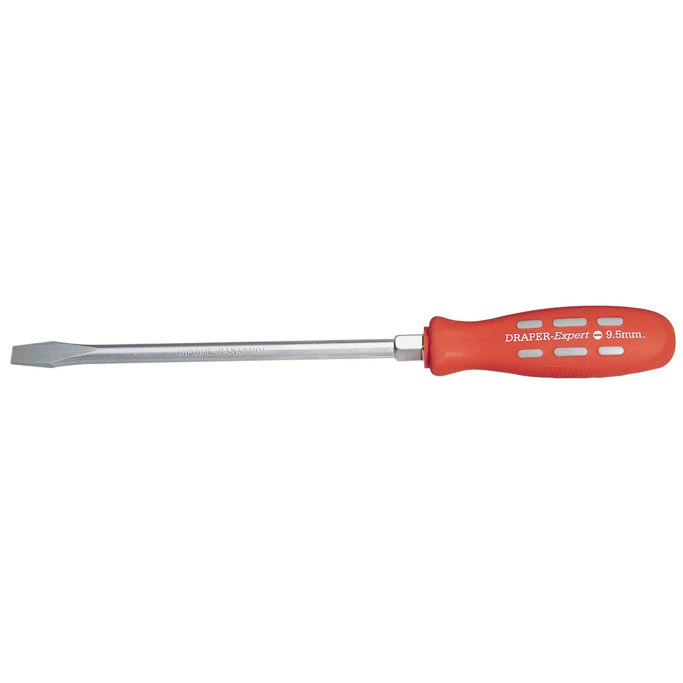 A flathead screwdriver labeled "Draper Plain Slot Flared Tip Mechanic's Screwdriver, 200 x 9.5mm" comes with a red handle made of impact-resistant polypropylene and a silver shaft. This "Draper Expert 870B" tool features hardened SVCM construction and sandblasted tips for enhanced durability and precision.