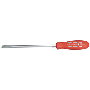 A flathead screwdriver labeled "Draper Plain Slot Flared Tip Mechanic's Screwdriver, 200 x 9.5mm" comes with a red handle made of impact-resistant polypropylene and a silver shaft. This "Draper Expert 870B" tool features hardened SVCM construction and sandblasted tips for enhanced durability and precision.