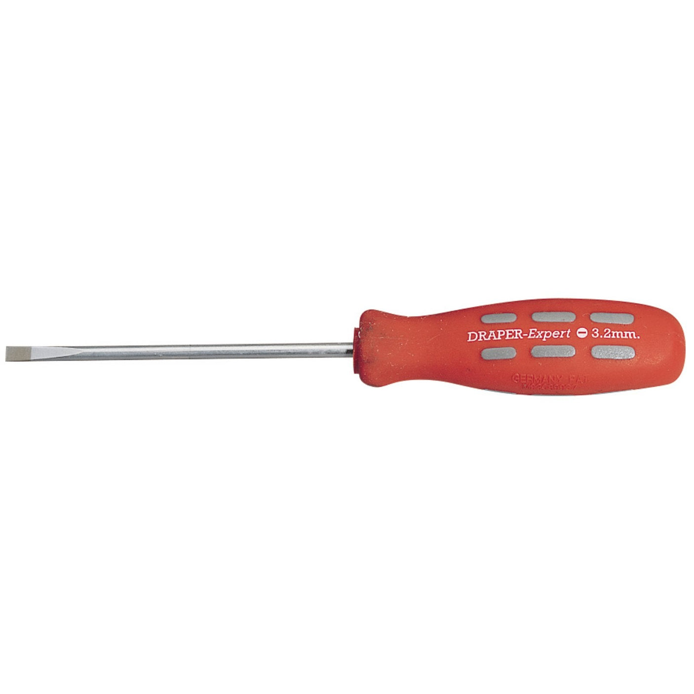 A plain slot parallel tip mechanic's screwdriver by Draper, measuring 100 x 3.2mm, featuring a red handle and soft grip for added comfort, labeled "Draper Expert 3.0mm" and sold loose with product number 870/1B.