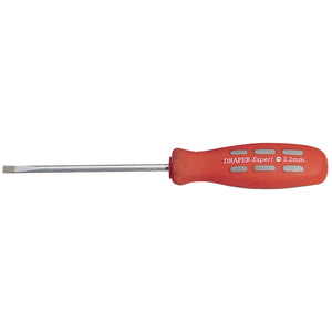 A plain slot parallel tip mechanic's screwdriver by Draper, measuring 100 x 3.2mm, featuring a red handle and soft grip for added comfort, labeled "Draper Expert 3.0mm" and sold loose with product number 870/1B.