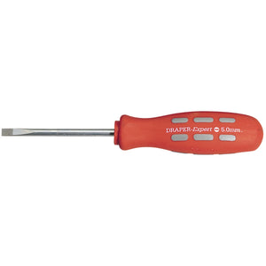 A flat-head screwdriver with a red handle, marketed as the "Draper Plain Slot Parallel Tip Mechanic's Screwdriver, 75 X 5.0mm," featuring a hardened SVCM tip for enhanced durability.