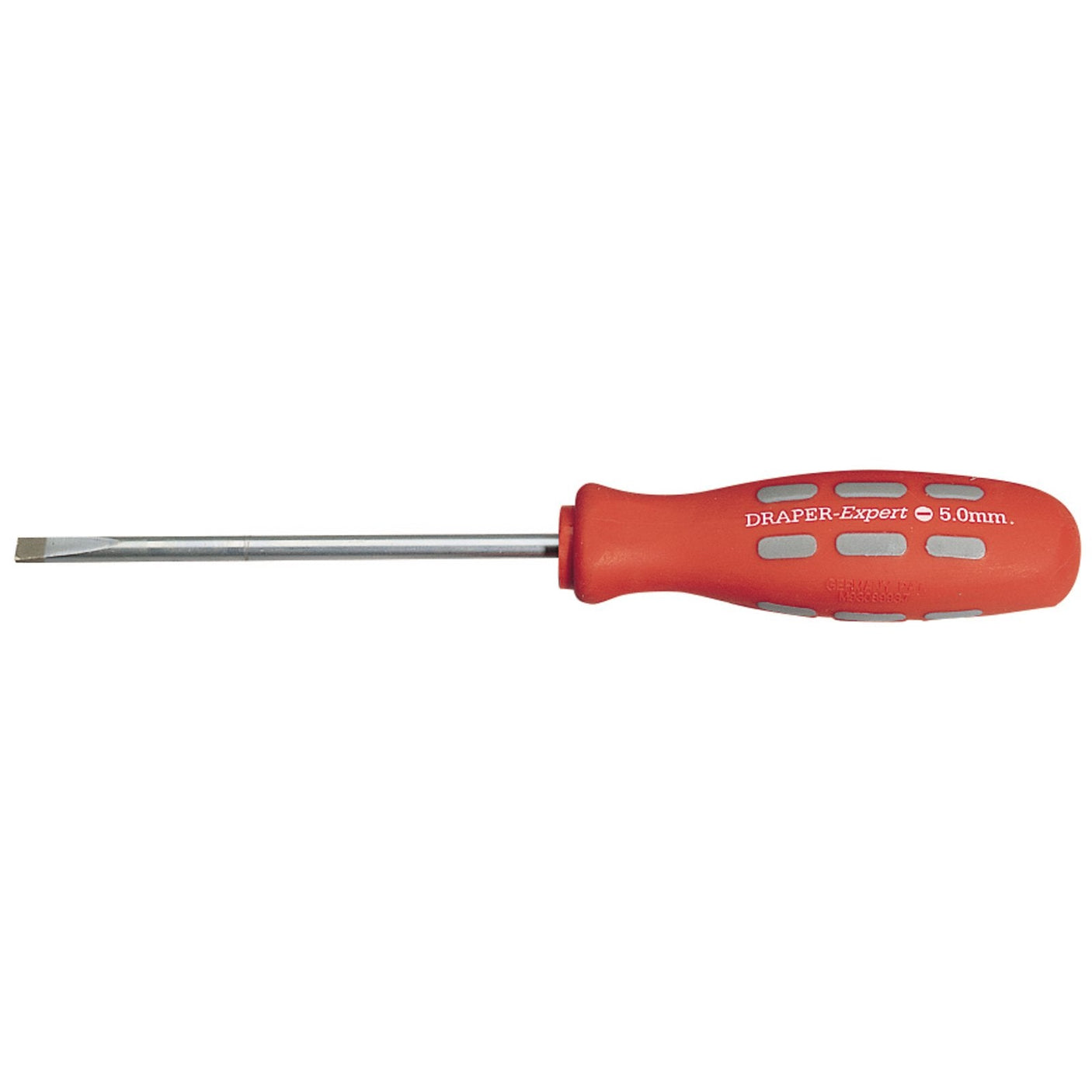 A Draper Plain Slot Parallel Tip Mechanic's Screwdriver, 100 x 5.0mm (Sold Loose) - 870/1B, featuring a red handle and hardened blades for durability.