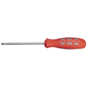 A Draper Plain Slot Parallel Tip Mechanic's Screwdriver, 100 x 5.0mm (Sold Loose) - 870/1B, featuring a red handle and hardened blades for durability.