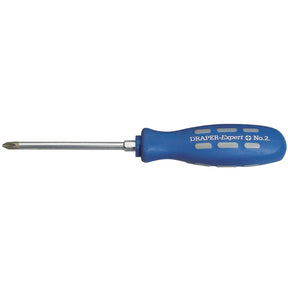 The Draper Cross Slot Mechanic's Screwdriver, 100mm, No.2 (Sold Loose) - 870CSB features a blue handle with a soft grip, hardened blades, a metal shaft, and a cross-shaped tip.