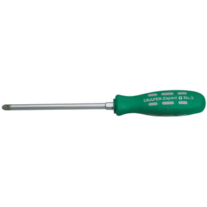 The "Draper Pz Type Mechanic's Screwdriver, 150mm, No.3 (Sold Loose) - 870PZB" by Draper features a green handle, a metal shaft, a cross-head tip, and a soft grip for comfort.