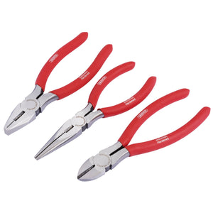 Three red-handled pliers from the Draper Redline Pliers Set with PVC Dipped Handles, including combination pliers, long nose pliers, and a diagonal side cutter (160mm, 3 Piece - RL-PSET), are arranged side by side on a plain background.