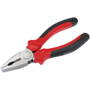 A pair of Draper Redline Combination Pliers with soft grip handles, 165mm - RL-CPSG, featuring induction-hardened cutting edges and heavy-duty handles for safety and comfort.