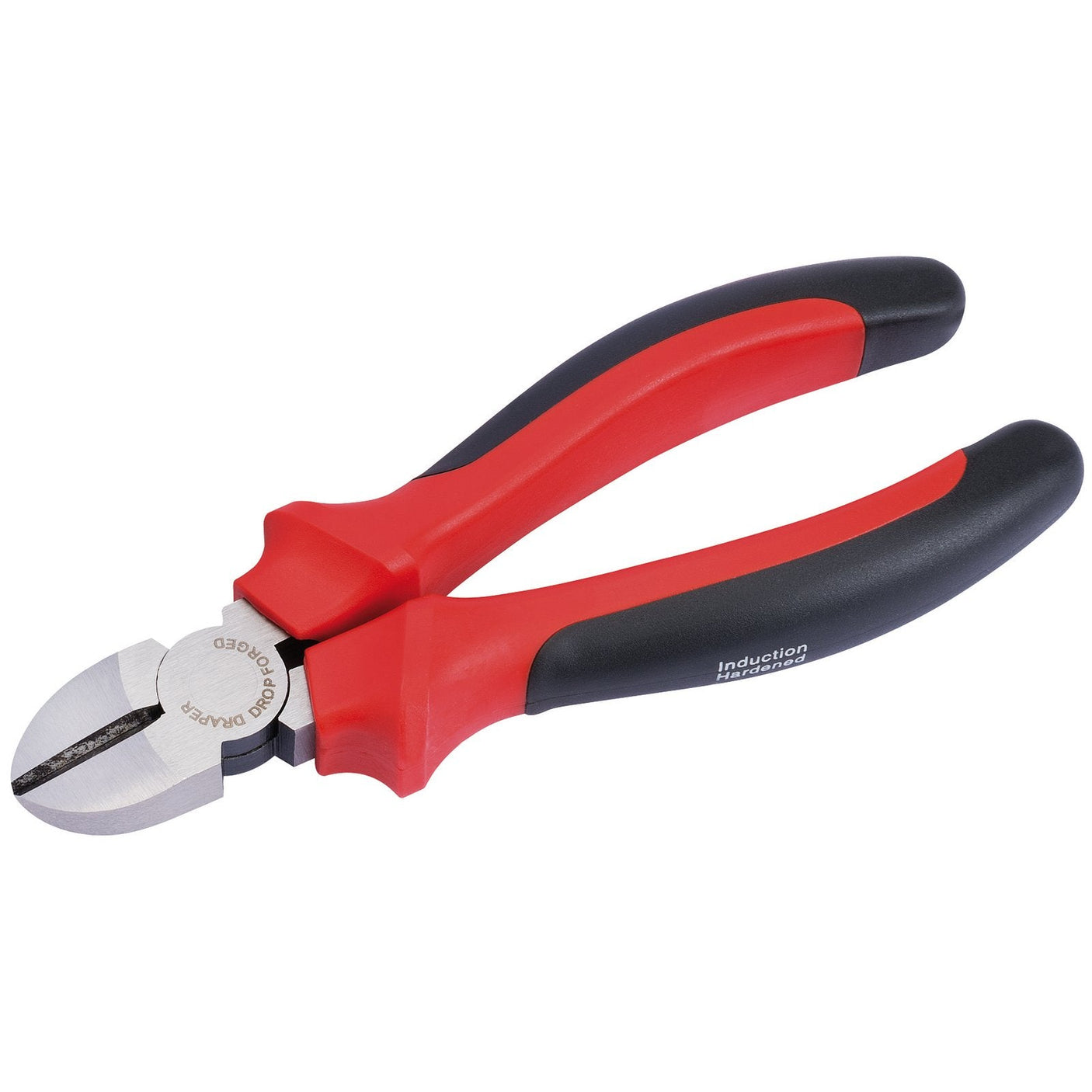 The Draper Redline Diagonal Side Cutter with Soft Grip Handles, 160mm - RL-SCSG features red and black handled diagonal cutting pliers with a metal head, designed for comfort and control with heavy-duty soft grip handles. The induction hardened cutting edges ensure lasting sharpness.