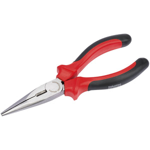 The Draper Redline Heavy Duty Long Nose Pliers With Soft Grip Handles, 165mm - RL-RPSG, are designed for gripping and bending small wires and materials. These pliers feature durable red and black soft grip handles and are made from high-quality carbon steel.