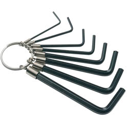 The Draper Redline Metric Hexagon Key Set (8 Piece) - RL-HK features a collection of hex keys crafted from durable chrome vanadium steel, arranged in ascending size order and attached to a key ring holder.