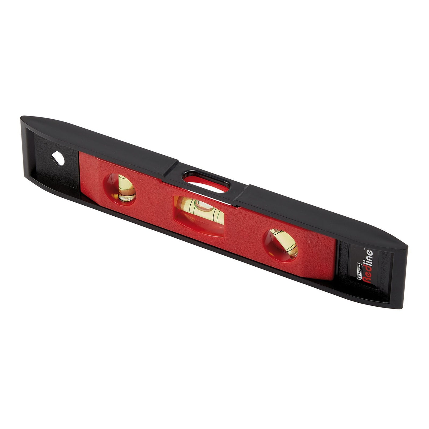 The Draper Redline Boat Level With Magnetic Base, 230mm - RL-P/LEV by Draper is a black and red spirit level equipped with three bubble vials to check horizontal, vertical, and 45-degree angles for precise measurements. Additionally, it features a magnetic strip for hands-free convenience.