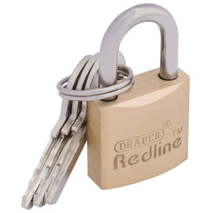 Draper Redline Brass Cylinder Padlock, 20mm - RL-PL, showcasing the word 'Redline' on its brass body and featuring a hardened steel shackle, is pictured beside four silver keys on a key ring.