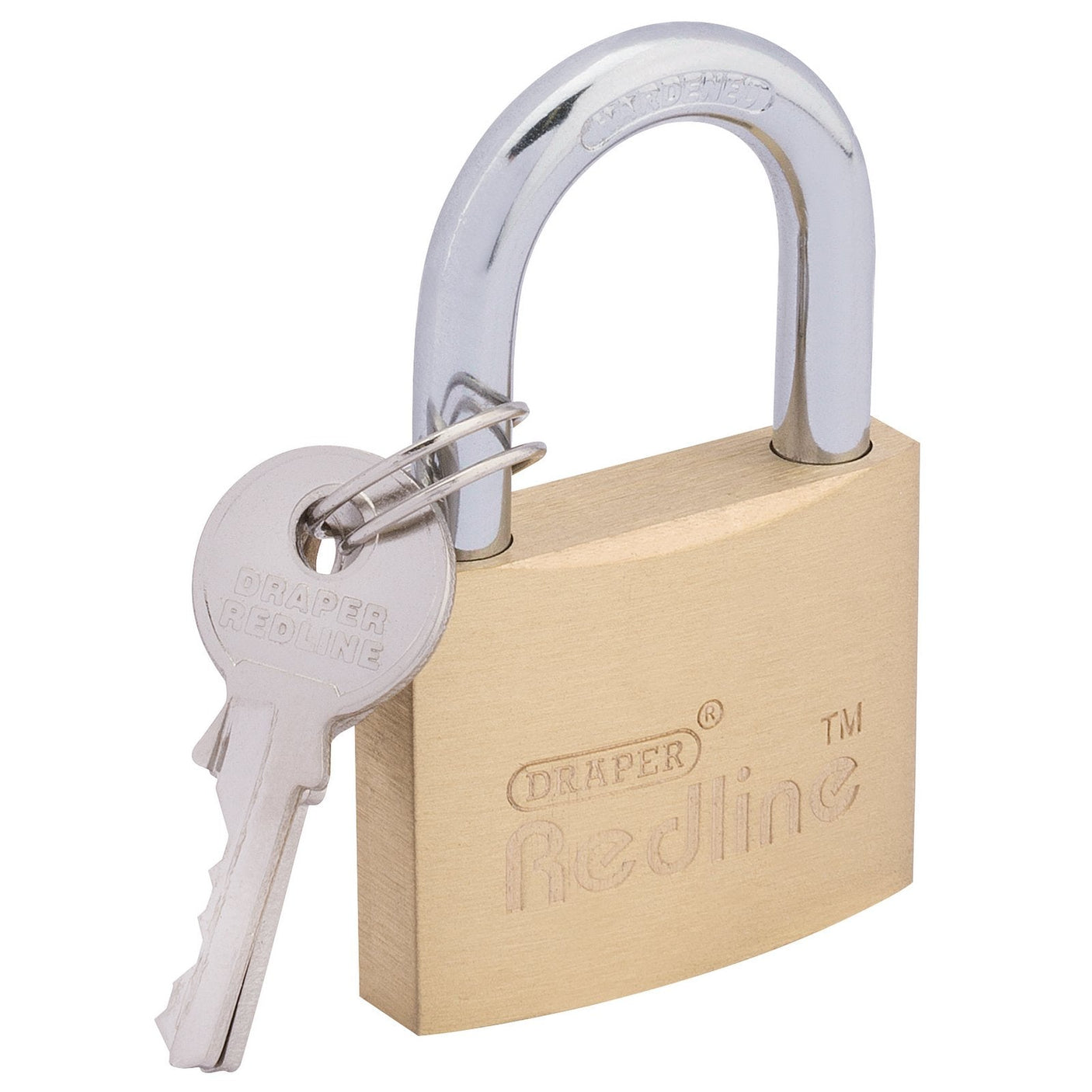 A general-purpose padlock with a brass body, the "Draper Redline Brass Cylinder Padlock, 40mm - RL-PL" features a hardened steel shackle and comes with a key inserted into the bottom of the lock.