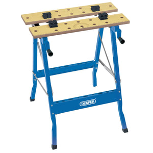 The Draper Fold Down Workbench, 605 X 625 X 755mm - WB600Y2, features a blue and yellow design with a wooden top. This portable workbench includes dual clamping action, adjustable clamps, sturdy legs, and a robust metal frame.