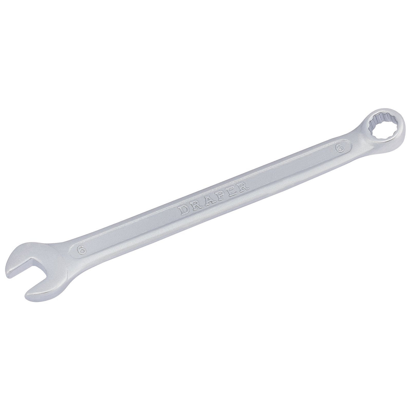 A 6mm Draper Redline Metric Combination Spanner, made from tempered chrome vanadium steel, featuring an open-end and a box-end.