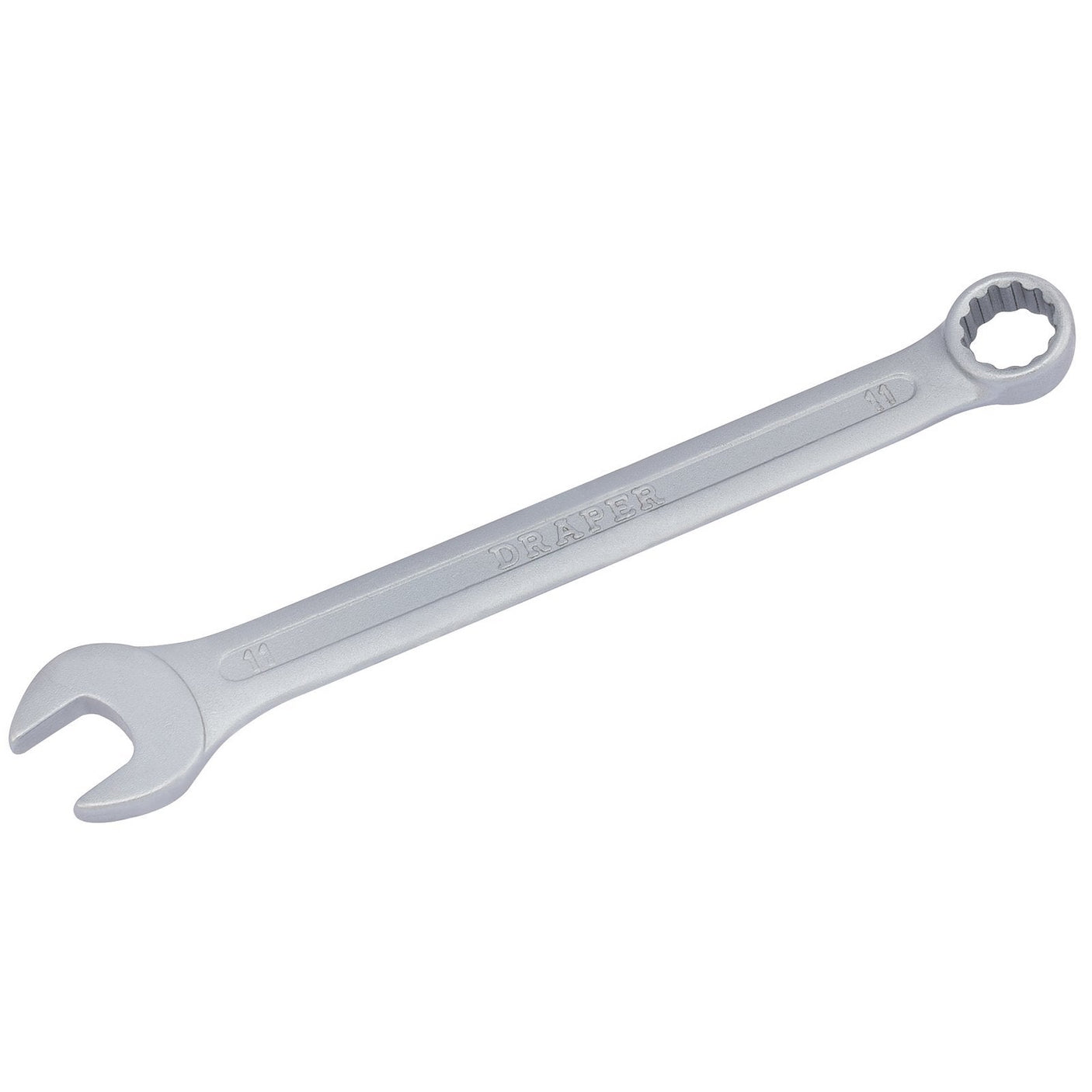 The Draper Redline Metric Combination Spanner, 11mm - RL-8231MM is a robust tool crafted from chrome vanadium steel. This silver spanner features an open-ended side on the left and a closed-loop side on the right, with "DRAPER" imprinted in the middle. It meets DIN3113 specifications.