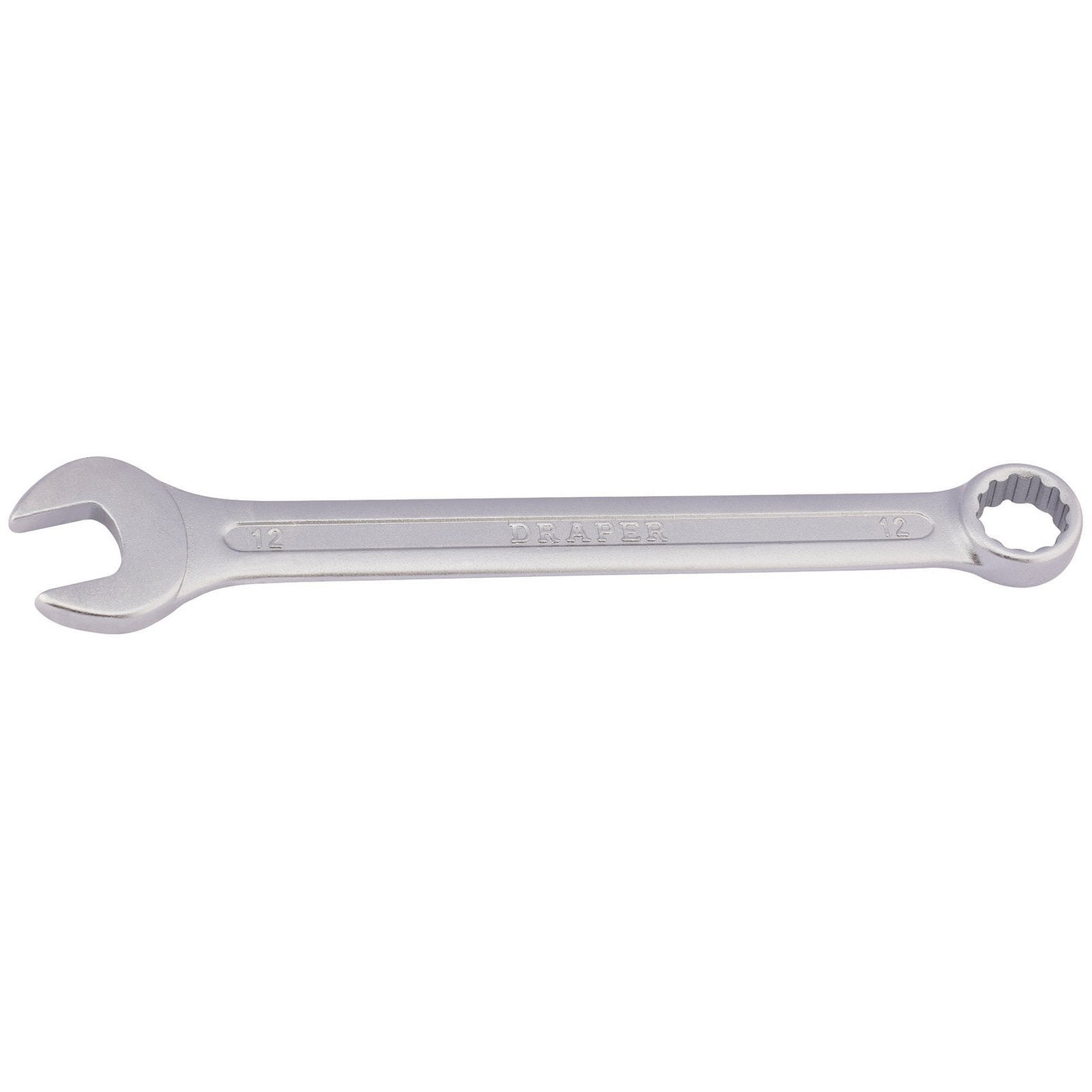 The Draper Redline Metric Combination Spanner, 12mm - RL-8231MM is a silver wrench crafted from tempered Chrome vanadium steel. It features an open end and a ring end, is marked with the "Draper" brand name along the handle, and adheres to DIN3113 Specifications.