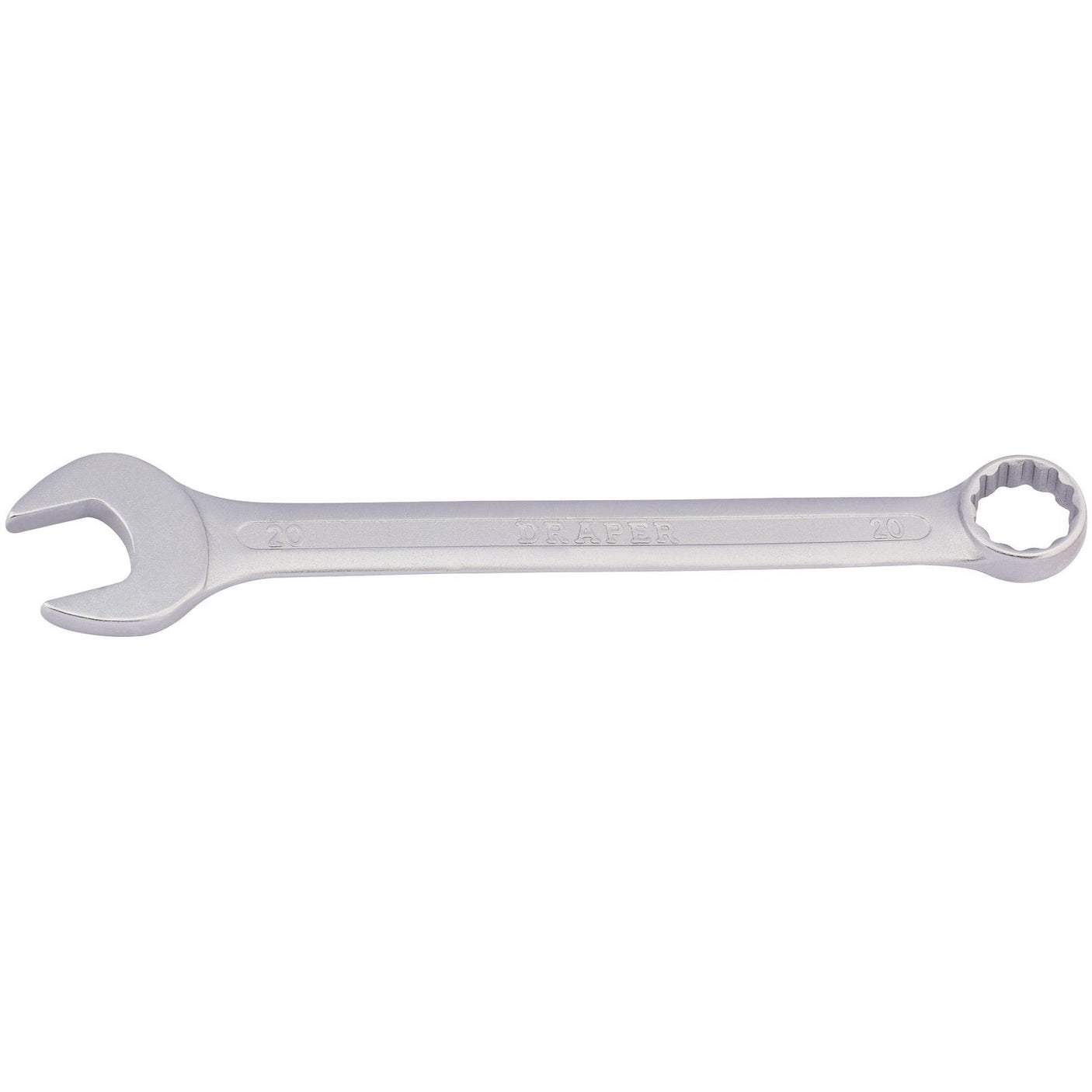 The Draper Redline Metric Combination Spanner, RL-8231MM, is made from hardened chrome vanadium steel and features both an open-end and a ring-end, with the number 20mm marked on both sides.