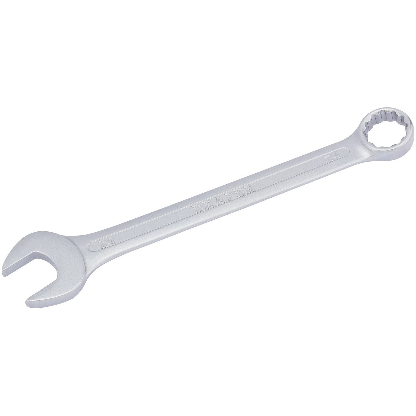 The Draper Redline Metric Combination Spanner, 24mm - RL-8231MM, is a tempered metal wrench crafted from chrome vanadium steel. It features an open end on one side and a closed, circular end on the other, designed for tightening or loosening nuts and bolts. This high-quality tool complies with DIN3113 standards.