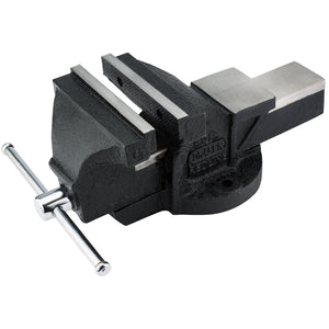 Image of the Draper Redline Bench Vice, 150mm - RL-BV150/L by Draper, showcasing a swivel base, large T-handle, and wide jaws for securing objects during work. The bench vise is constructed with a durable cast iron body and includes an integrated anvil.