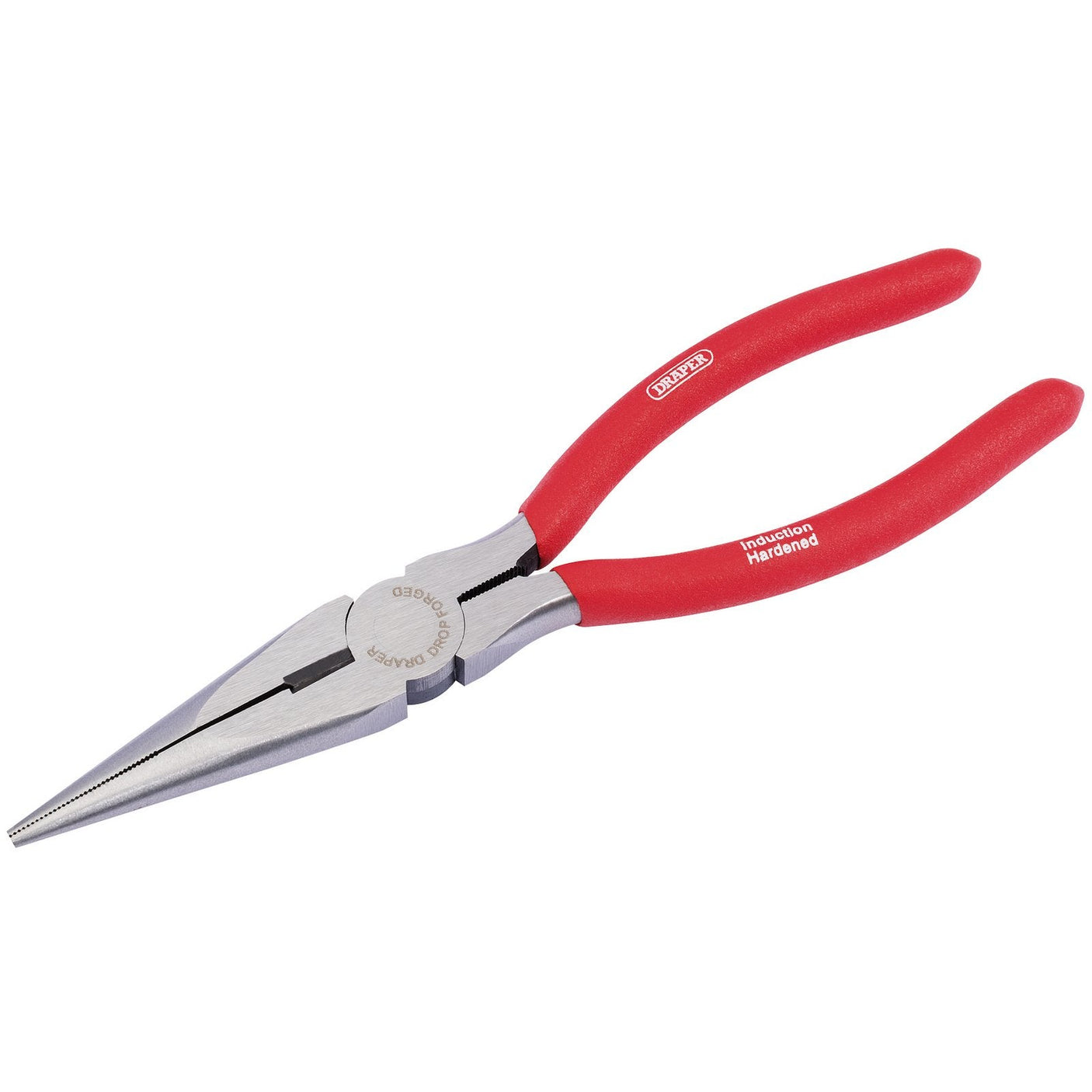 A Draper Redline Long Nose Plier, model RL-RP2, with PVC-dipped red handles and a 200mm tip made from hardened carbon steel.