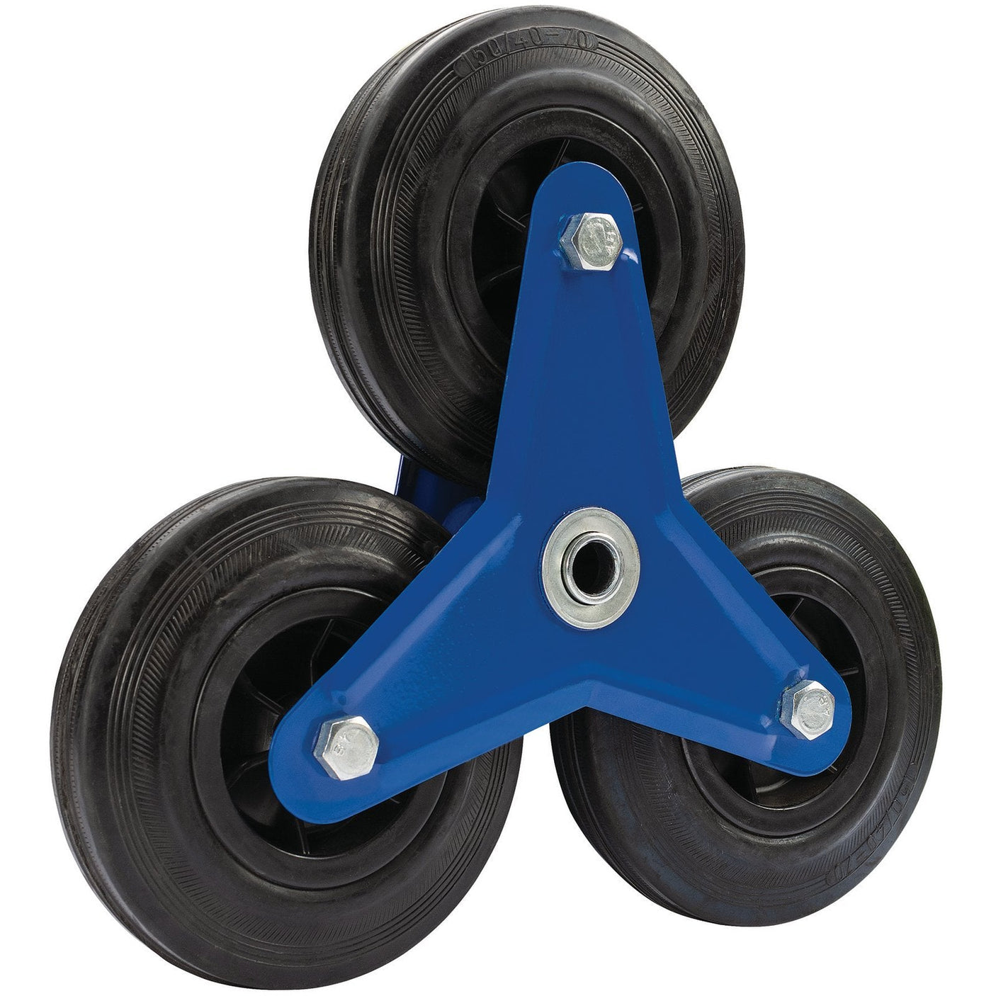 The Draper Stair Climber Wheels Assembly - YDSCT/T features three black rubber wheels with plastic hubs arranged in a triangular formation on a blue metal bracket, designed for use in stair climbing systems.