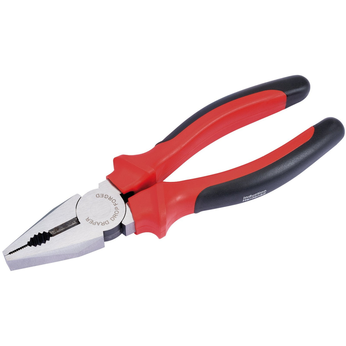 A pair of Draper Redline Heavy Duty Combination Pliers with soft grip handles and hardened steel cutting edges, measuring 200mm, displayed on a white background.