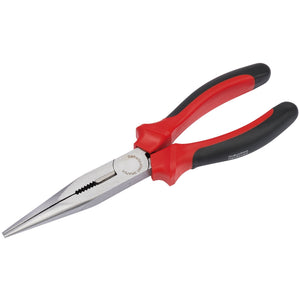 A pair of Draper Redline Heavy Duty Long Nose Pliers With Soft Grip Handles, 200mm - RL-RPSG2, crafted from induction-hardened carbon steel and featuring red and black handles.