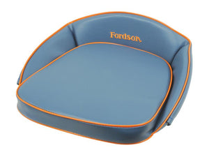 The Sparex Seat Cushion - Blue with Orange Trim (Part Number: S.68412) features blue and orange padded seating with the Fordson name embroidered in orange on the backrest, complemented by matching orange piping for an added touch of style.