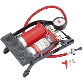 The Draper Redline Double Cylinder Foot Pump - RL-DFP by Draper is a red and black foot pump that includes a pressure dial, a braided delivery hose, and comes with various nozzle attachments such as a needle valve and two additional adapters.