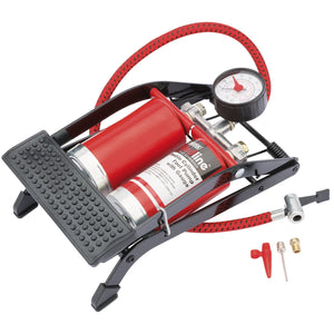 The Draper Redline Double Cylinder Foot Pump - RL-DFP by Draper is a red and black foot pump that includes a pressure dial, a braided delivery hose, and comes with various nozzle attachments such as a needle valve and two additional adapters.