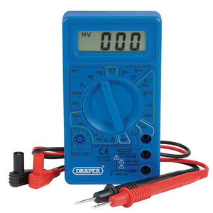 A blue Draper Digital Multimeter - DMM8 with a display reading "000" and red and black test leads attached. The multimeter features various measurement settings for resistance and AC/DC voltage, with the brand name "Draper" clearly visible.