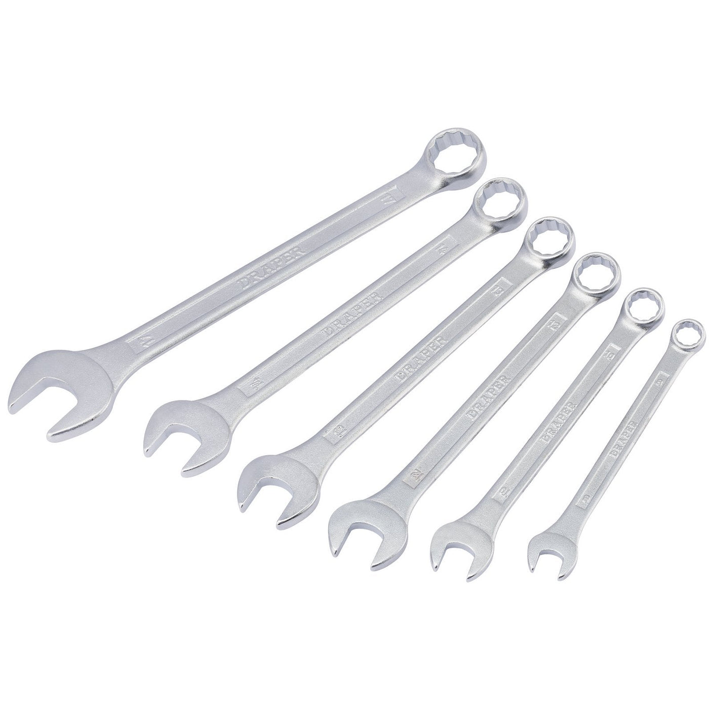 The Draper Redline Metric Combination Spanner Set, 8 - 17mm (6 Piece) - RL-DB-SS6, consists of six high-quality spanners made from durable chrome vanadium steel. Arranged in descending size order from left to right, each spanner features an open-end and a box-end designed to meet DIN3113A specifications.