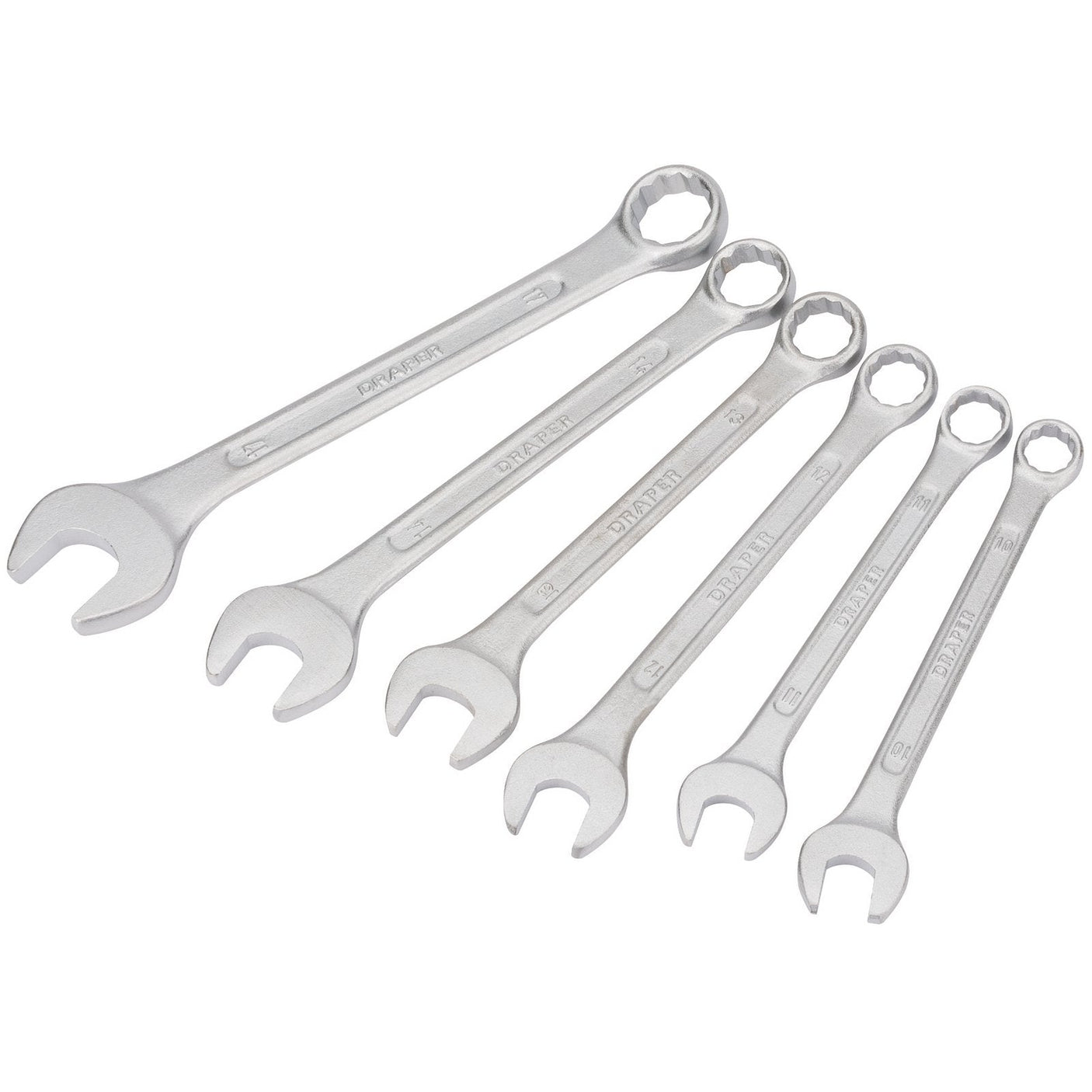 The Draper Redline Metric Combination Spanner Set, RL-8231/6/MM, includes six wrenches sized from 10mm to 17mm. Each wrench is crafted from durable chrome vanadium steel and features both an open-end and a box-end, arranged in descending size order to meet DIN3113 specifications.