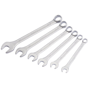 The Draper Redline Af Combination Spanner Set (6 Piece) - RL-8231/6/AF, made by Draper from durable Chrome vanadium steel and compliant with DIN3113 Specifications, consists of six chrome combination wrenches arranged in descending order from left to right.