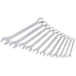 The Draper Redline Metric Combination Spanner Set (11 Piece) - RL-SS-MM11, crafted from chrome vanadium steel, includes spanners graduated in size and arranged in a diagonal line from smallest to largest. Each spanner features open ends on the left and ring ends on the right, meeting DIN3113A specifications.