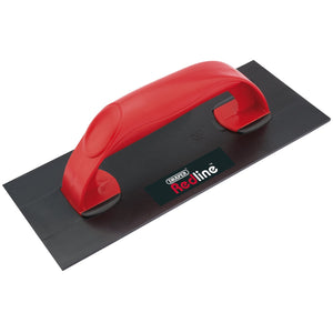 A black rectangular finishing trowel with a red ABS handle is branded by Draper as the "Draper Redline Plastering Float, 278 X 115mm - RL-PF.