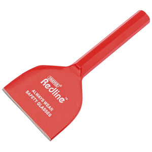 The Draper Redline Brick Bolster, 100 x 220mm - RL-BD6, crafted from medium carbon steel and featuring an octagonal shank chisel design, includes the "ALWAYS WEAR SAFETY GLASSES" warning on its handle. It is perfect for cutting bricks and ensuring safety during use.