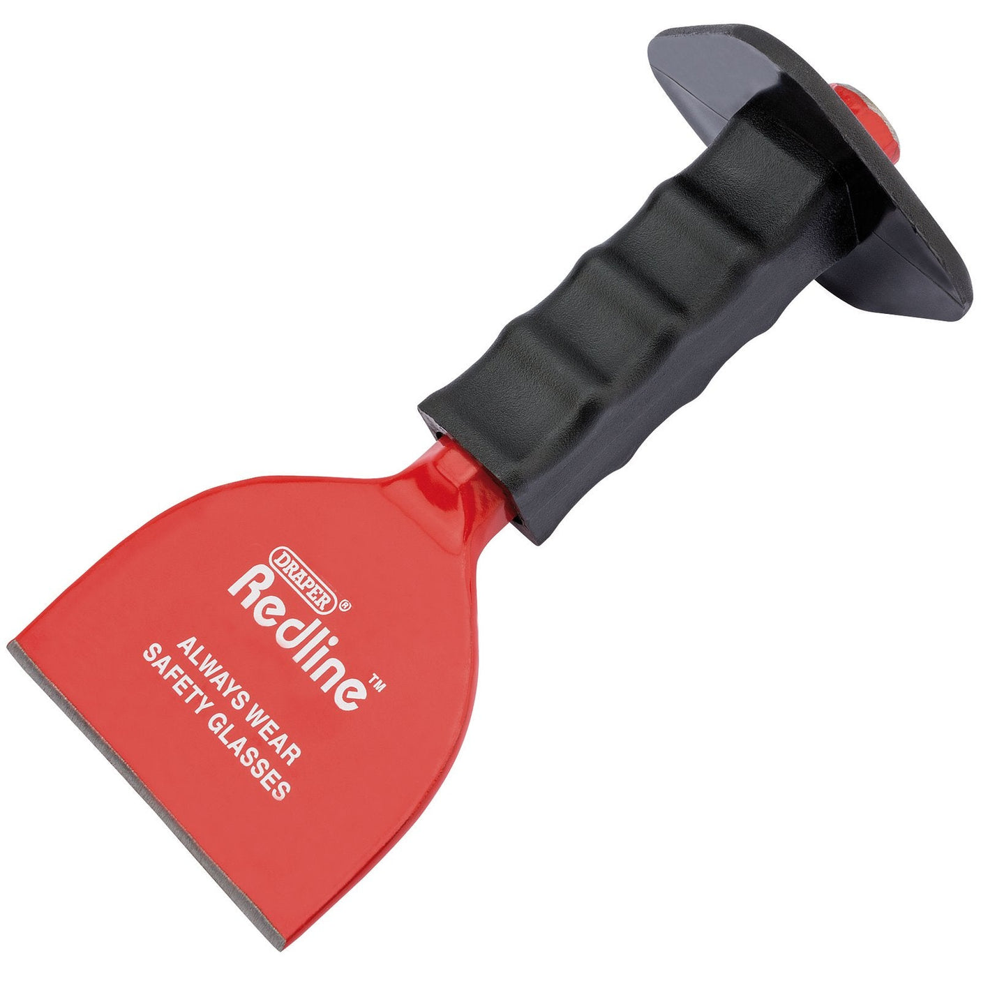 A Draper Redline Brick Bolster with Hand Guard (100 x 220mm - RL-BD6G) featuring a red blade with the text "Redline ALWAYS WEAR SAFETY GLASSES" printed on it. The tool's black, ergonomic handle enhances grip, resembling a sturdy octagonal shank chisel in design.