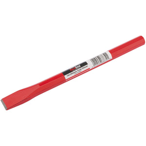 The Draper Redline Cold Chisel, 19 X 250mm - RL-BD5 features a red coating with a label displaying the Draper brand name, item code, and a barcode. This octagonal shank chisel has a flat, beveled edge designed for cutting metal and is forged from medium carbon steel for durability.