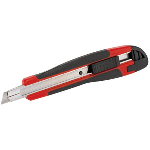 The Draper Redline Soft-Grip Retractable Trimming Knife, 9mm - RL-RKSG9, features a red and black soft grip handle and a partially extended silver snap-off blade.