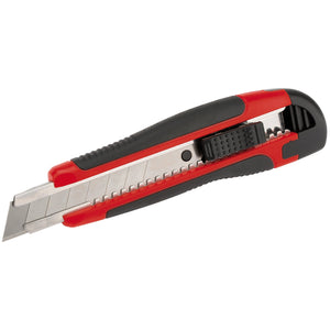 The Draper Redline Soft-Grip Retractable Trimming Knife, 18mm - RL-RKSG18, boasts a red and black retractable plastic body, an 18mm segmented snap-off blade, and a soft grip for enhanced comfort.