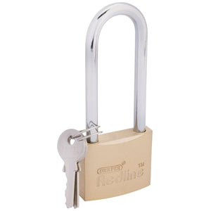 A photo showcases the Draper Redline Padlock, Long Shackle, 40mm - RL-LPL, equipped with a long, hardened steel shackle and a pair of attached keys. This padlock features a robust brass body engraved with "DRAPER Redline," making it ideal for various general-purpose security needs.